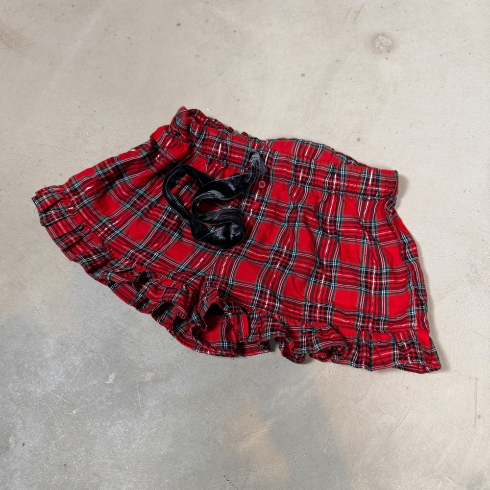 Victoria's Secret PINK Red Plaid Metallic Ruffle Pajama Shorts XS Velvet Tie